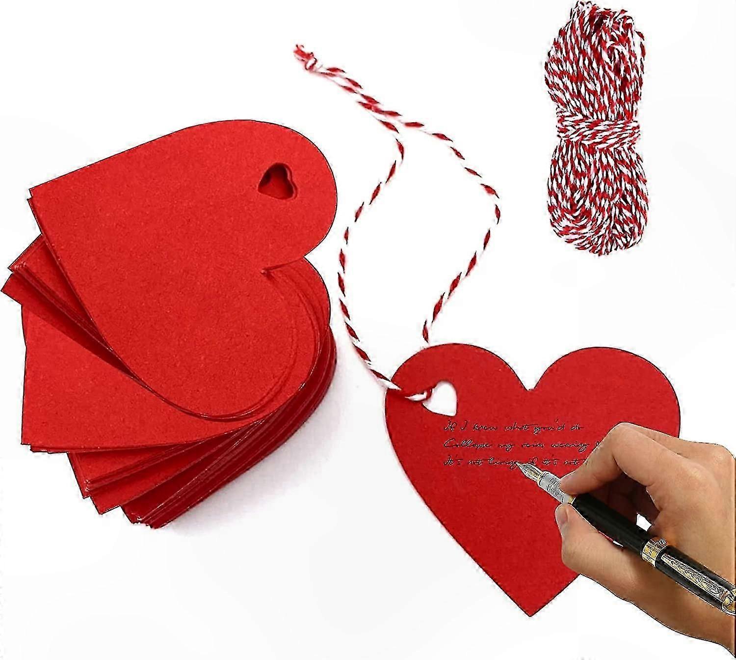 100 Heart-Shaped Red Kraft Tags with 10m of Red and White Twine for Gifts