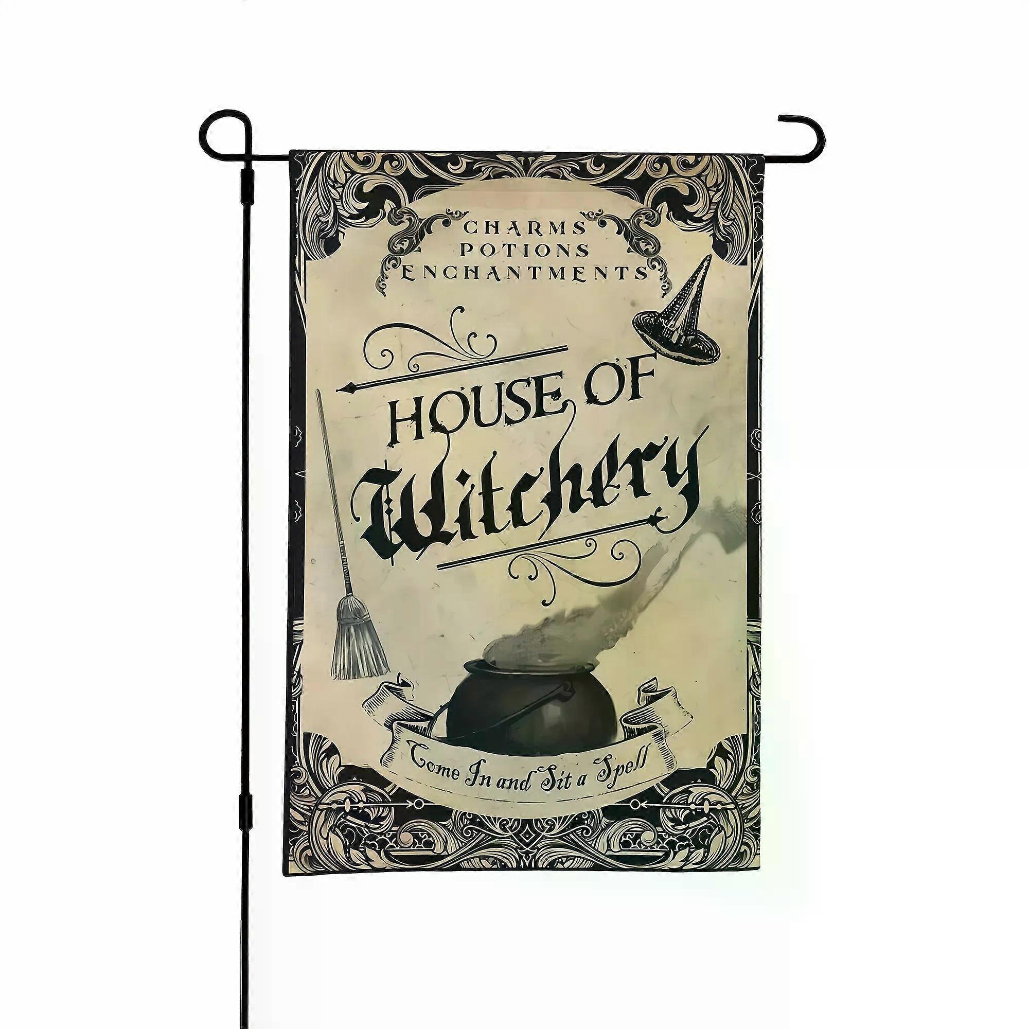 דגל בית ליל כל הקדושים דו צדדי בגודל 12x18 אינץ' לגינה ועיצוב פנים, פוליאסטר עמיד עם הכיתוב "בית הכישוף"