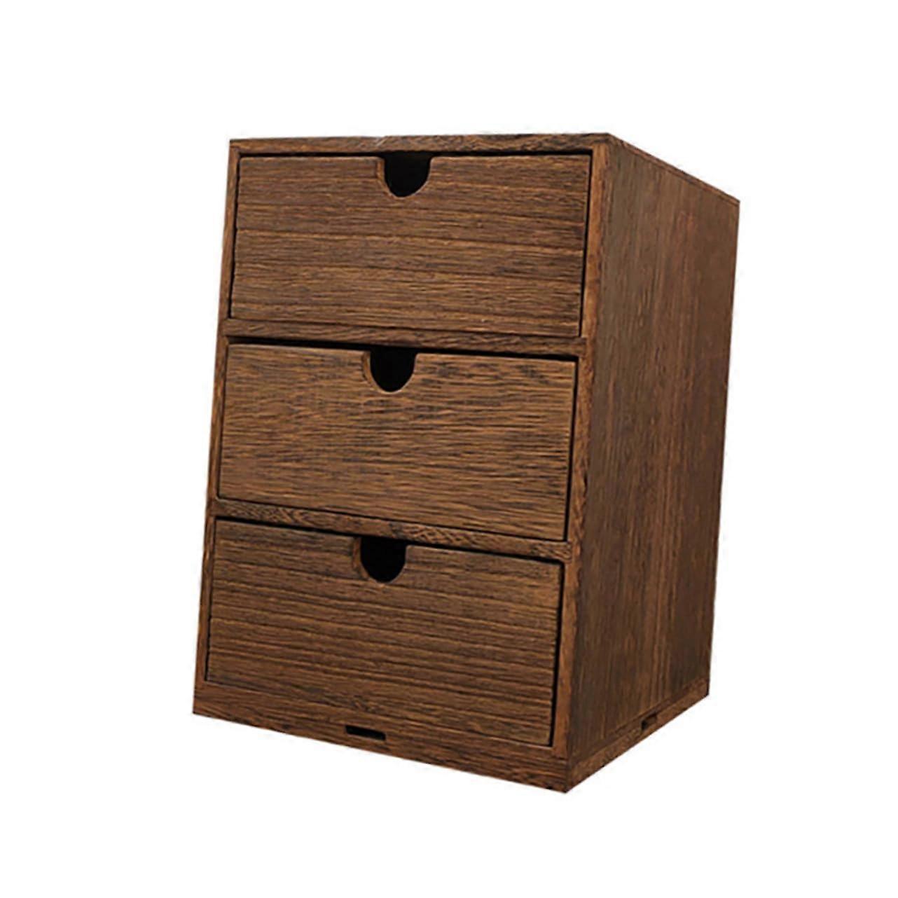 Wooden Multilayer Storage Drawer Box Three Removable Compartments For Desktop Organization Semicircle Pull Brown