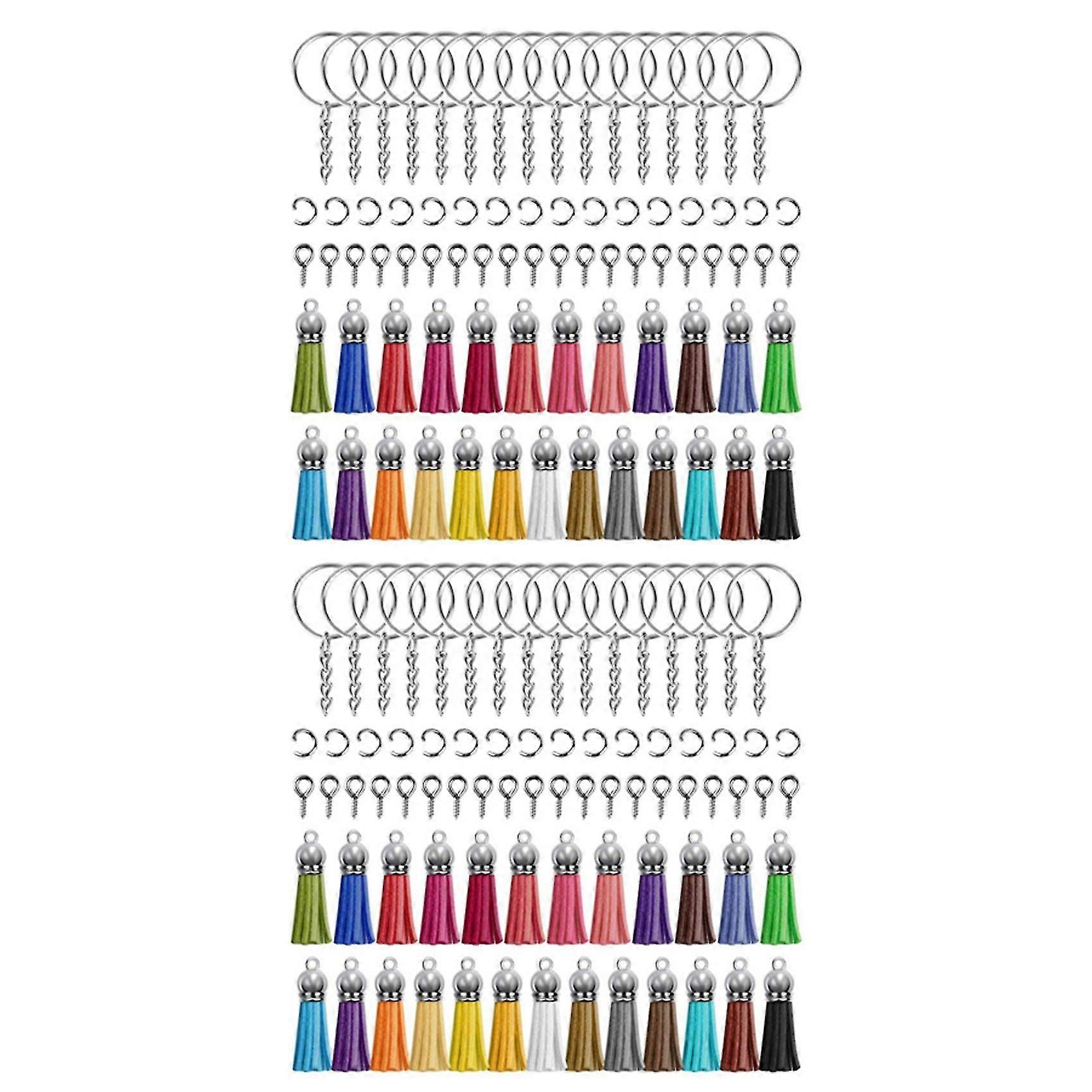 A kulcstartókészlet 100 db bőr rojttal, 100 db kulcstartóval, 100 db ugrógyűrűvel és 100 db