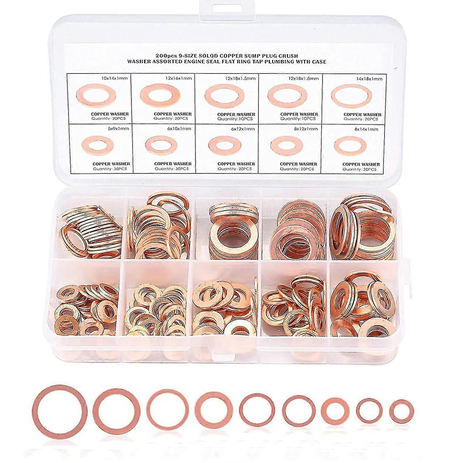 200 Pcs Copper Washers Set, Engine Seal Flat Ring Gasket Fastener Metric Sealing Washer Assortment Set