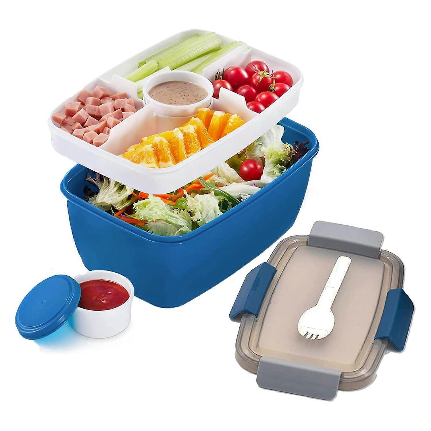 Adult Lunch Box, 2000 Ml, Lunch Box with Compartments, 2-Tier Salad Box to Go, Large, Sustainable, Leak-Proof Blue