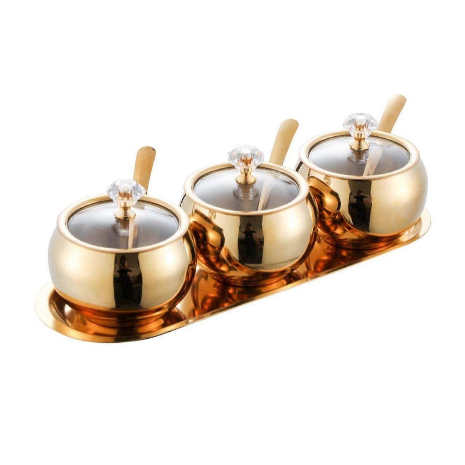 Stainless Steel 3 Compartment Condiment Container Set with Tray for Kitchen Dining Gold