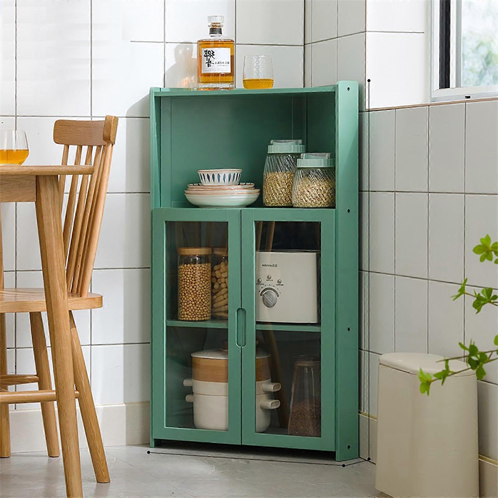 Mobile Corner Shelf with Bamboo Frame and Double Acrylic Doors for Kitchen Storage 55x96x7cm