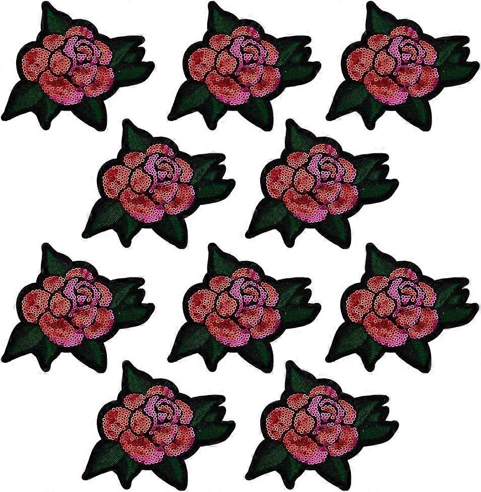 10Pcs Sequin Rose with Leaf Patch 4.17x4.13inch Red and Pink Sequin Rose Iron On Appliques Flower Embroidered Sew On Patch Vintage Embroidered Patches