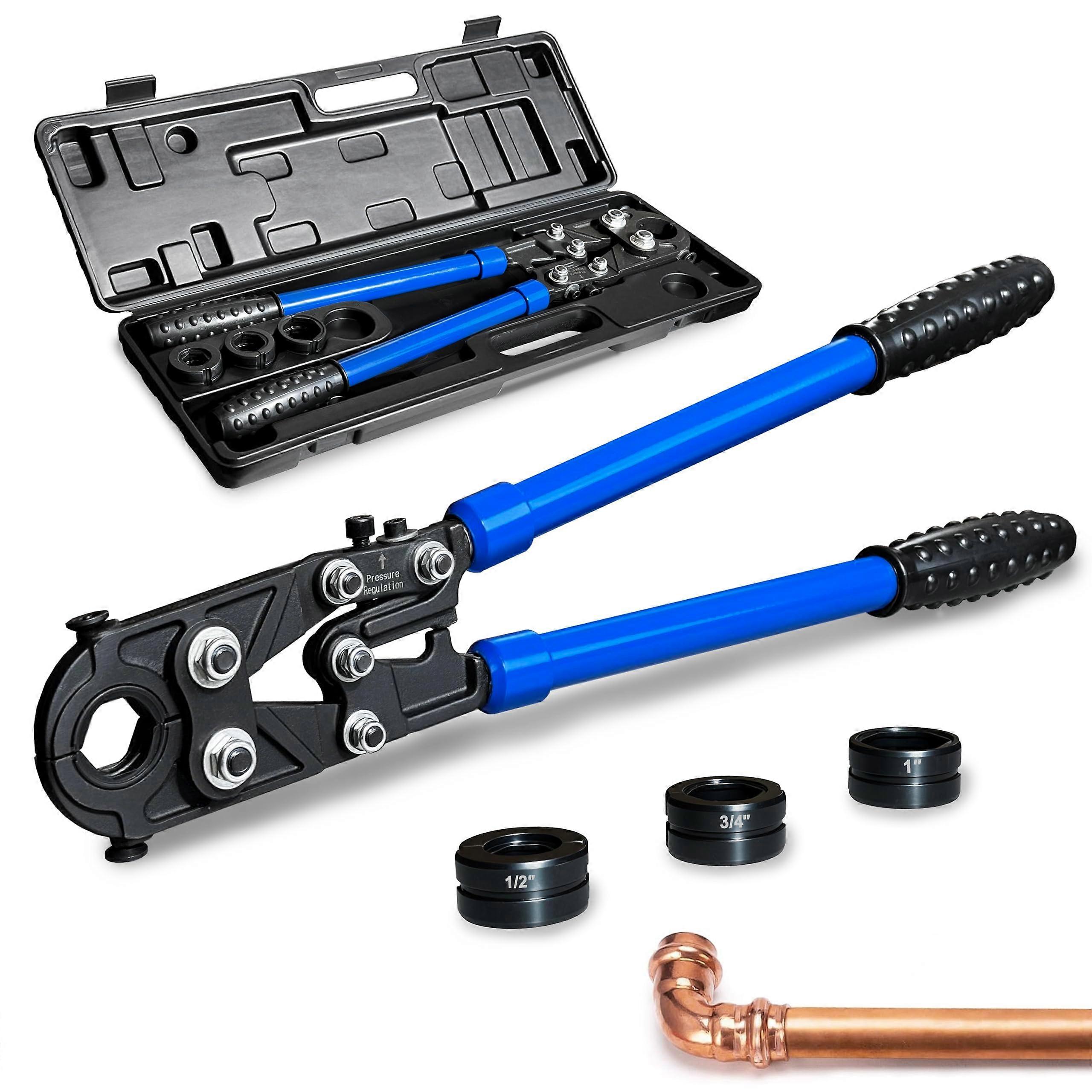 Copper Pipe Crimping Tool with Quick Jaw Change, Telescopic Handles, 1/2', 3/4', 1' Jaws