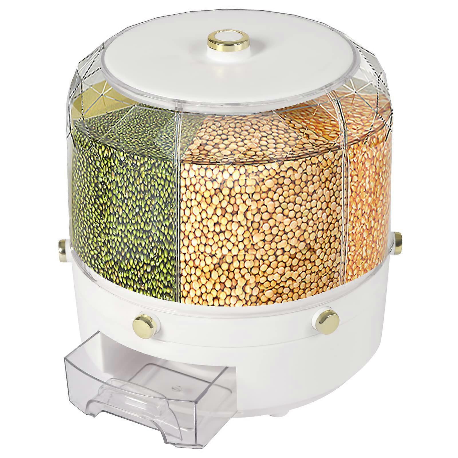 Rice Dispenser with 6 Compartment Rotating Design, Large Capacity Sealed Grain Storage Container