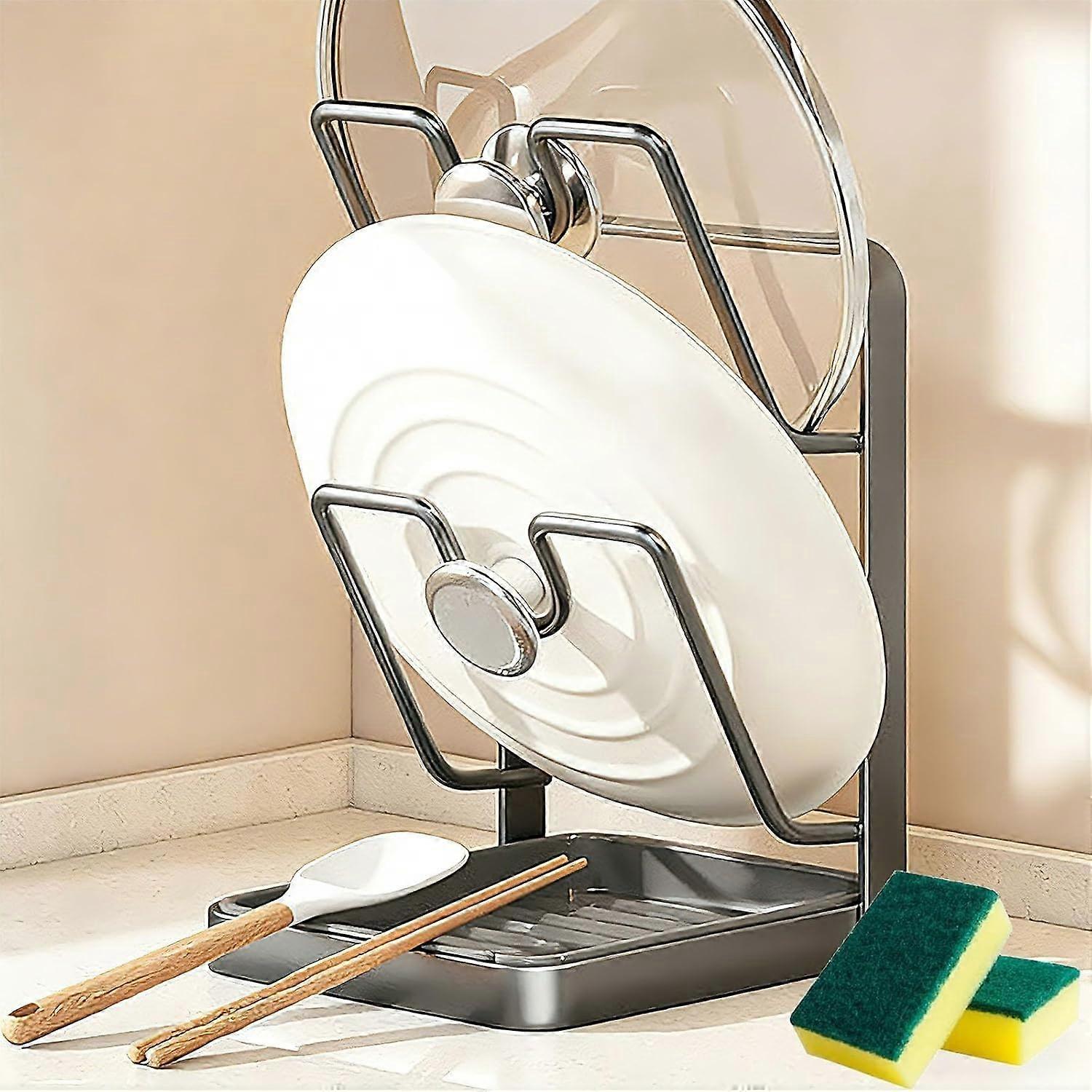 Pot Lid Organizer with Drip Tray, UShaped Kitchen Lid Storage Rack, Gray DoubleLayer Space Saver