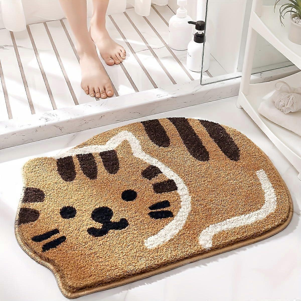 Brown Cat Bathroom Rug with Soft Polyester, NonSlip PVC Backing, Machine Washable Bath Mat