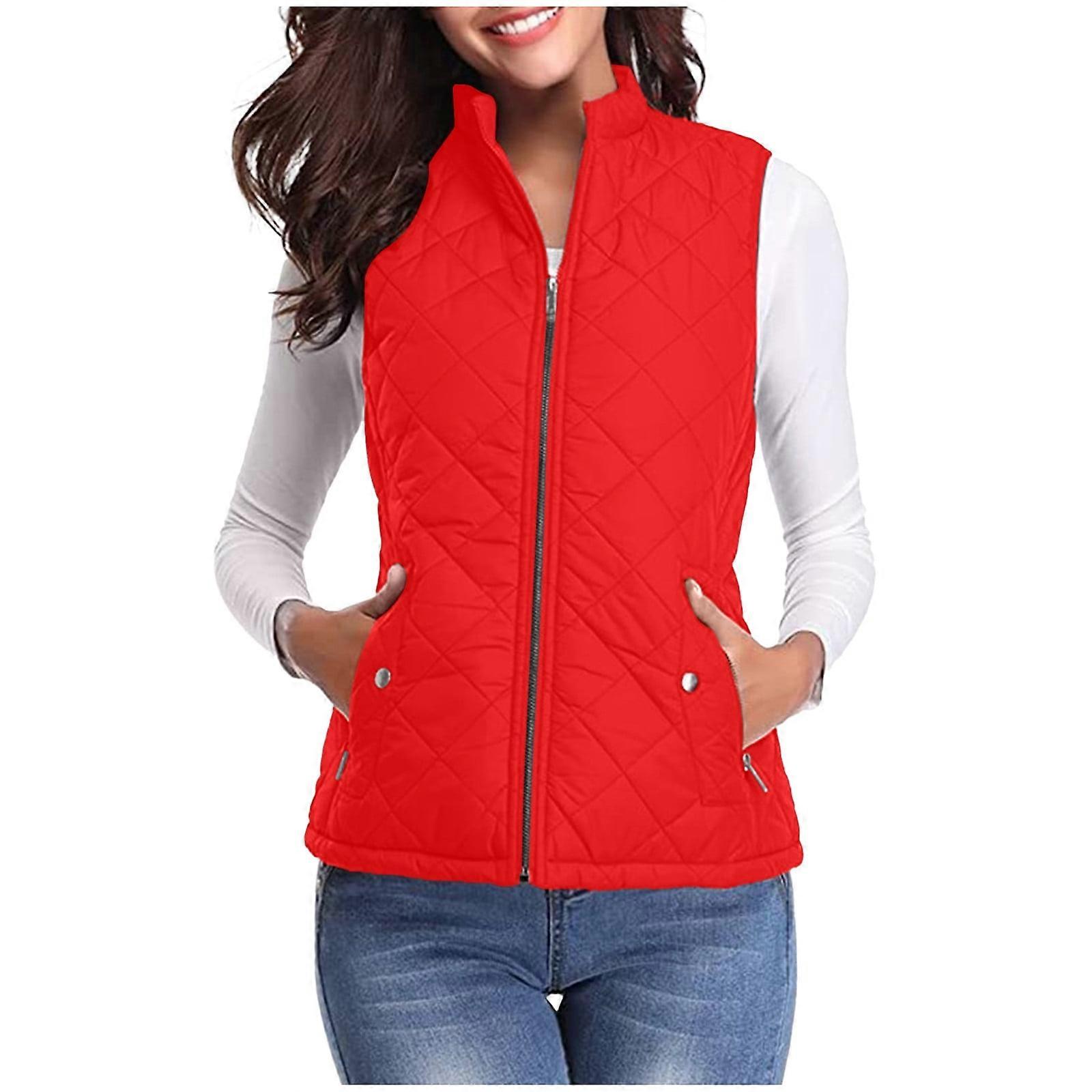 Vest for Women Winter Fall Basic Button Vest Solid Keep Warm Sleeveless Jacket with Pocket,Red