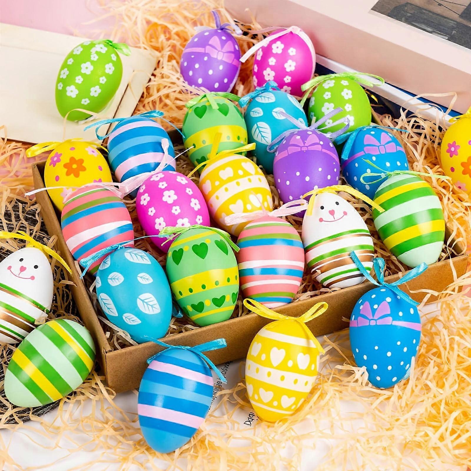 24pcs Painted Easter Eggs - Hangable Plastic Decor, Compatible with Easter Tree & Tabletop Displays, 2x2in
