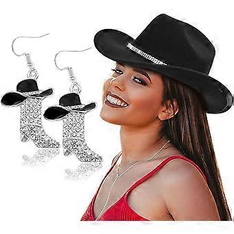 Cowboy Hat Rhinestone Cowgirl Boots Earrings Set Western Earring Felt Fedora Jazz Hat Rodeo Outfit for Women Size M  Black