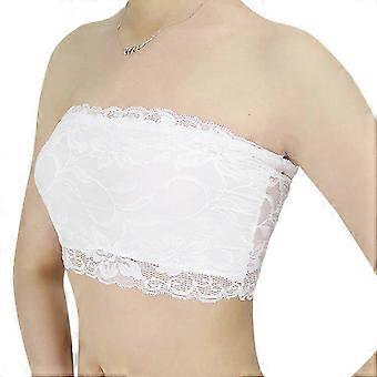 Women's Bandeau Tube Top Bra XL White Strapless Floral Lace Orchid Pattern Nylon No-Padded Summer Underwear for Low Cut Wear