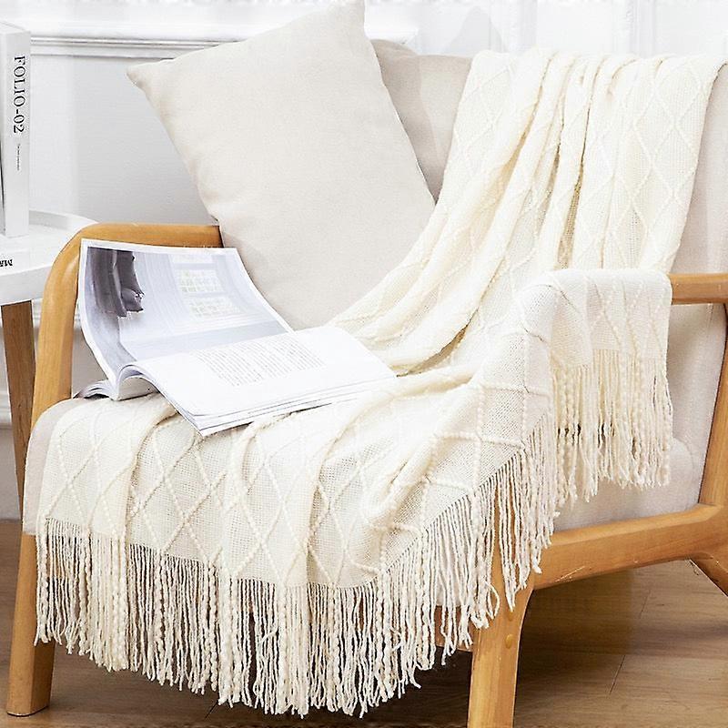 Textured Throw Blanket Solid Soft For Sofa Couch Decorative Knitted Blanket,diamond Texture ,white