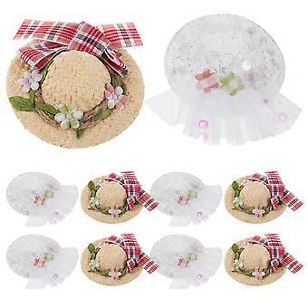 10pcs Mini Chapéus de Palha: Artesanato Sombrero Tiny Dollhouse Lace Cap Com Flor Bowknot Para Bonecas de Natal Pequenas Cowgirls Diy Decorações Acessório de Jóias