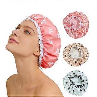 3PCS Shower Caps for Women Reusable Double Waterproof Layers, Cute Bonnets Bath with Bow Print,Flexi Hair Cover