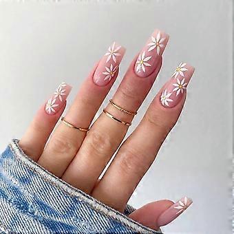Daisy Press on NailsMedium Length Nails Acrylic Ballet French White Daisy adhesive tape on Nails Design Nails for Women and Girls 24Pcs