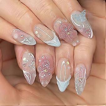 French Nude Fake Nails with Pink Smudge, 24PCS Resin Nail Tips with Glue