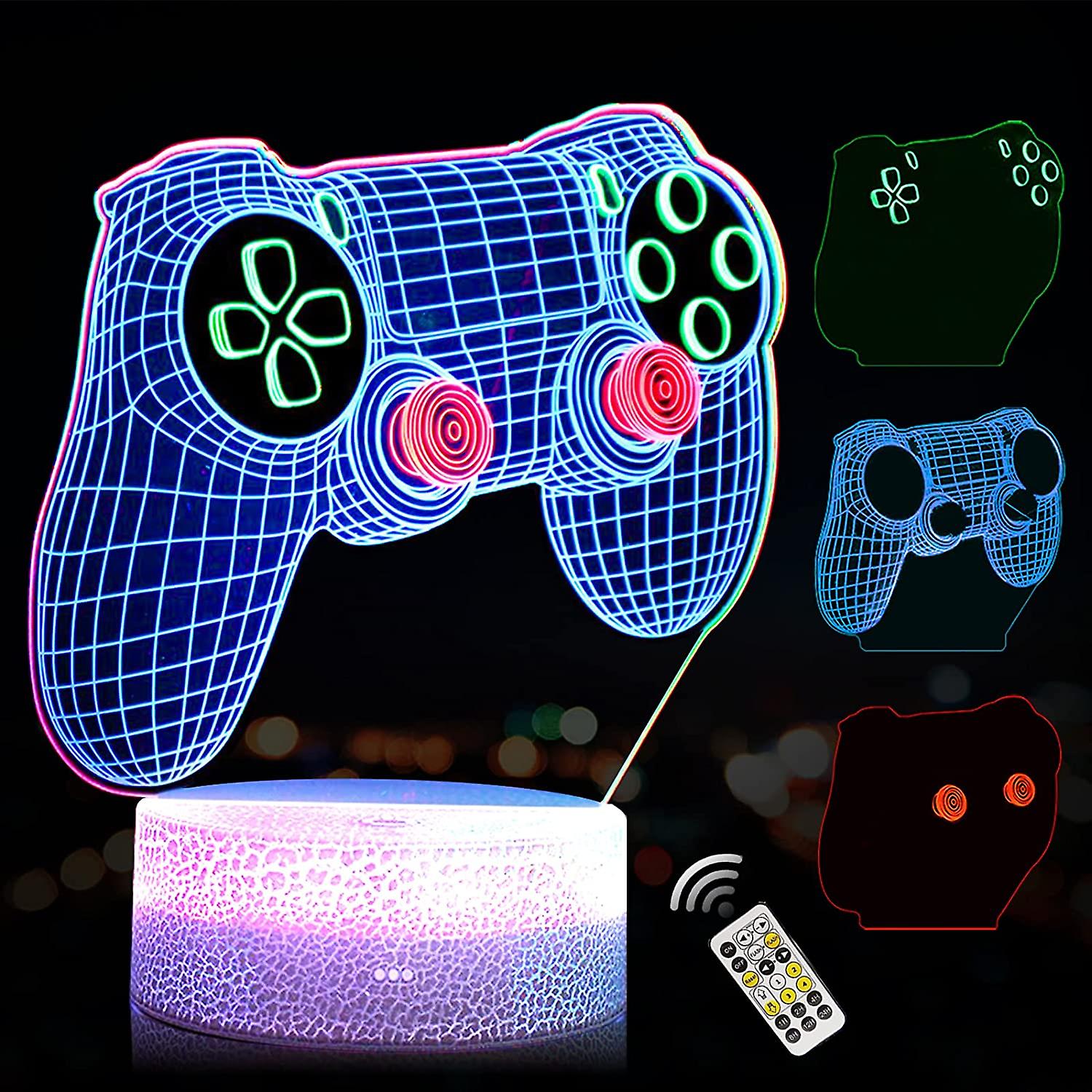 3Dゲームパッド常夜灯(3パターン)ゲームコントローラーコンソールイリュージョンデスクランプ子供用ゲームルームの装飾、リモートタイマー調光器FUによる7色変更