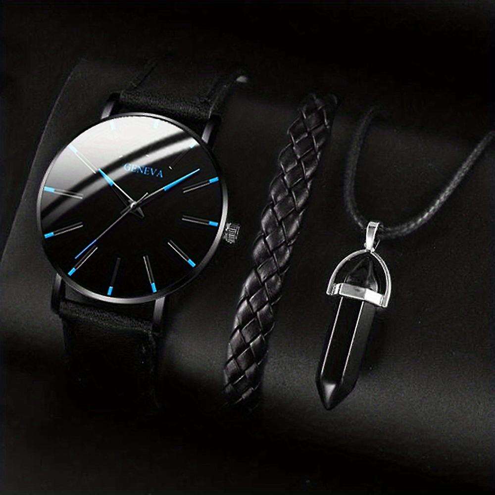 3pcs/set 1 Round Men S Quartz Watch And 1 Bracelet 1 Necklace