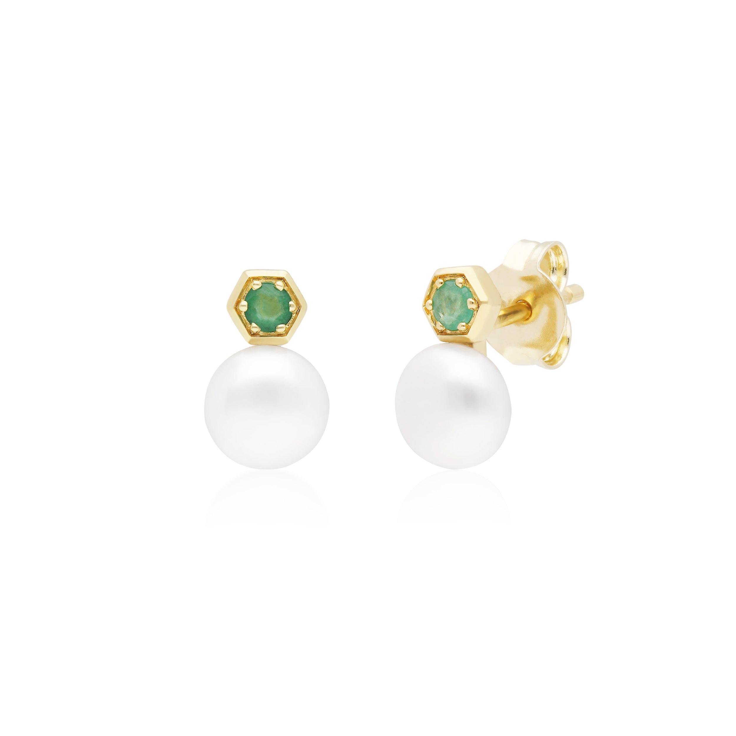 Modern Pearl & Emerald Stud Earrings in 9ct Yellow Gold 135E1633019