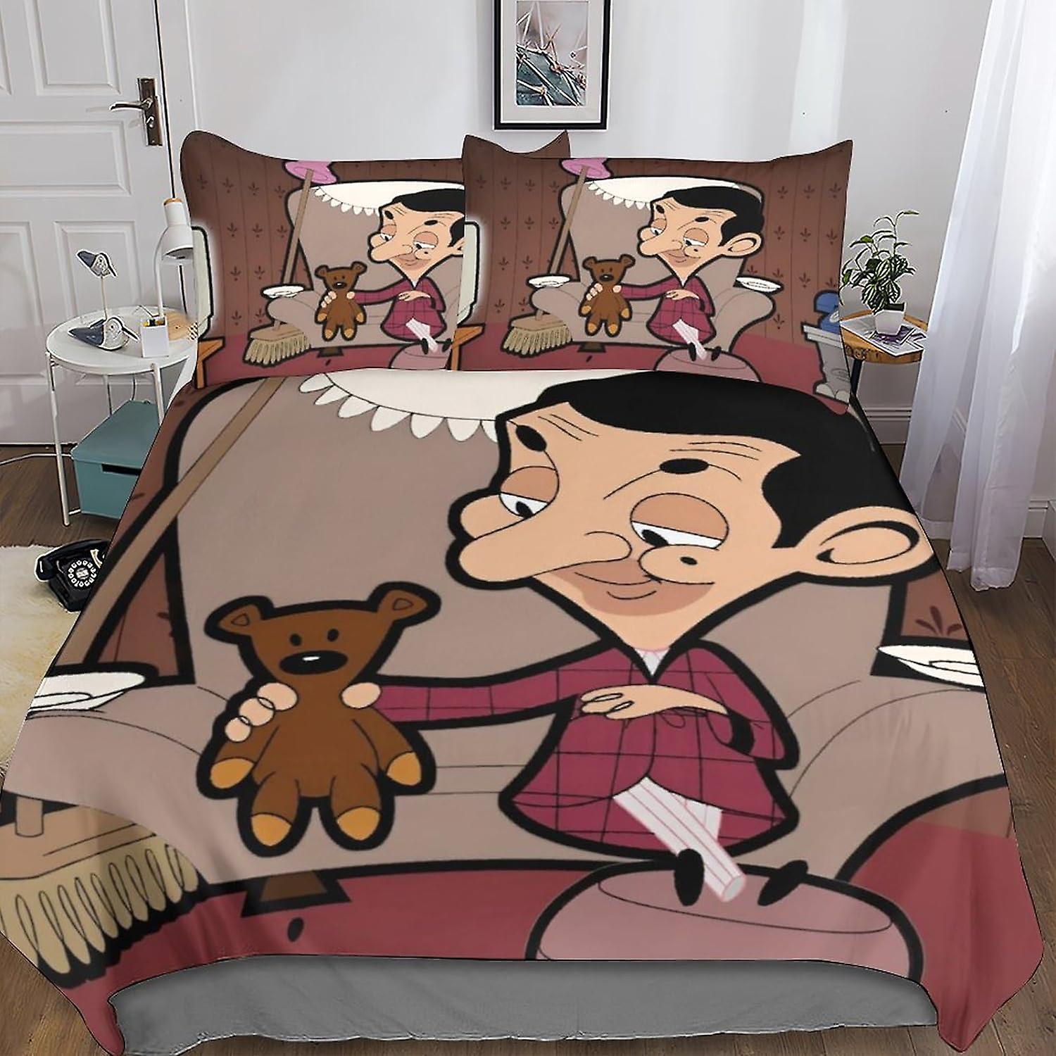 Mr. Bean Housse De Couette Impression 3D Ensemble De Literie Décoratif 3 Pièces Ensemble Comédien Housse De Couette Ensemble Couvre-Lit Avec Taie D’oreiller Fermeture Éclair En Microfibre Douce Q