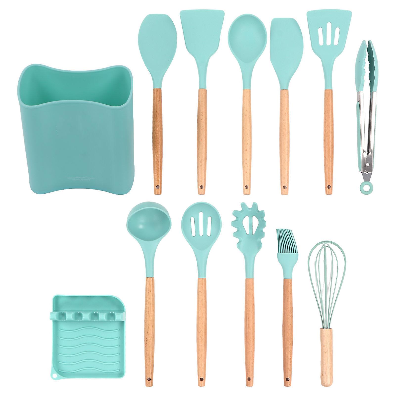 13pcs Dark Green Silicone Kitchenware Set with Wooden Handles