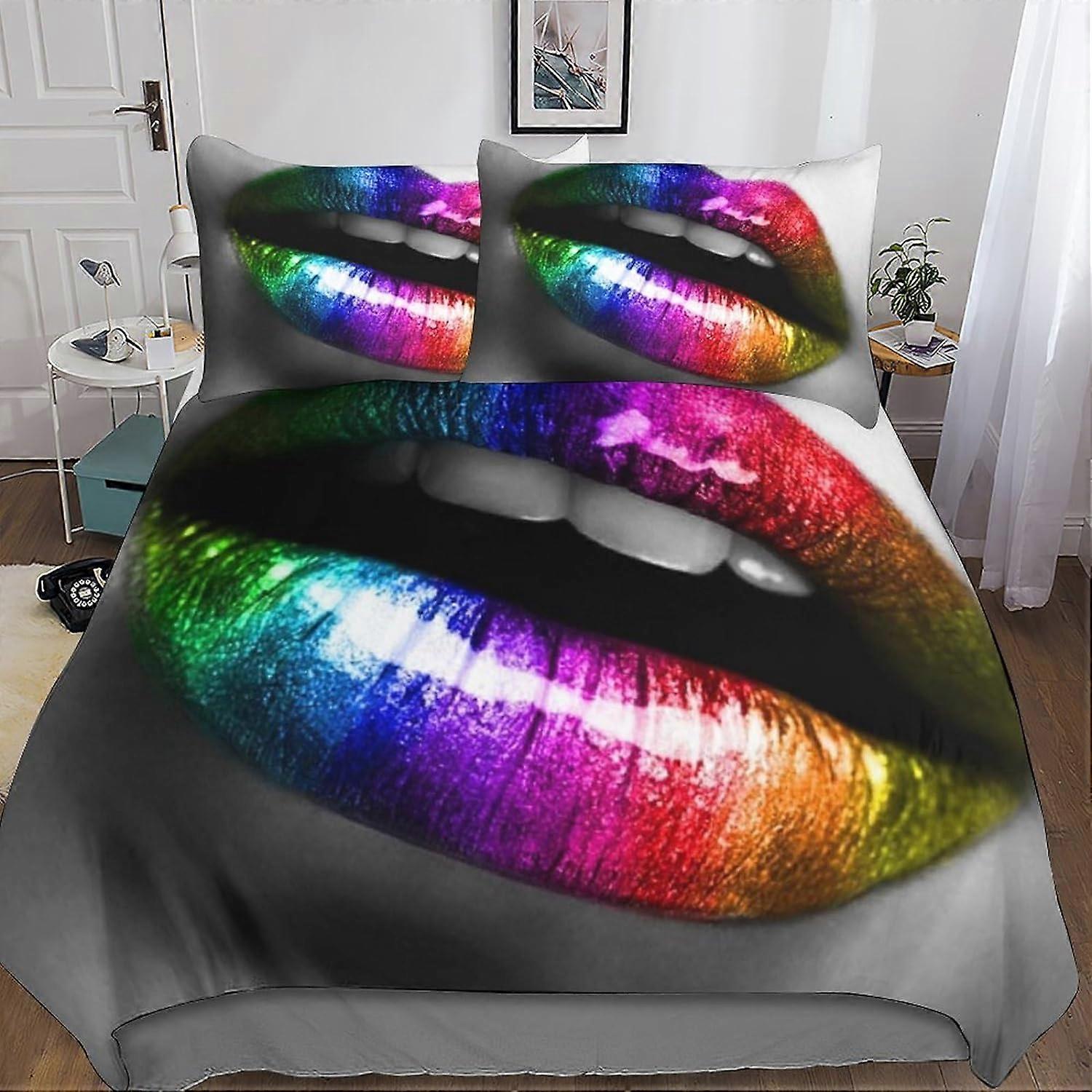 3D Kiss Poszwa na kołdrę Usta Zestaw pościeli z mikrofibry z zapięciem na zamek błyskawiczny 3 Szt Poszewki na poduszki Fr Nastolatek Jugendliche Mdchen Mnner