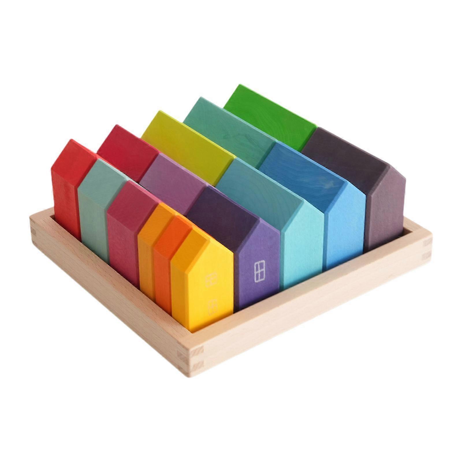 Wooden House Block with Storage Frame Teaching Aid Construction Toy for Kids