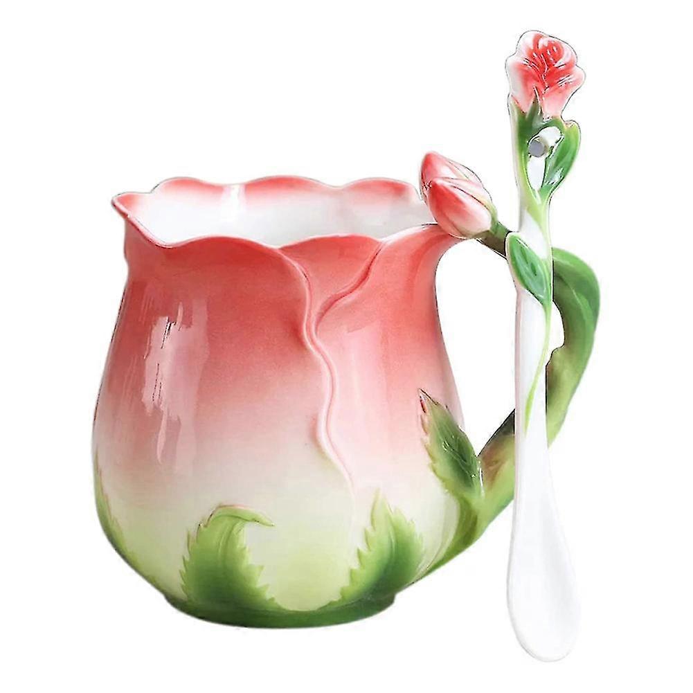 Ceramic Rose Flower Shape Teacups Breakfast Cups With Spoon-red