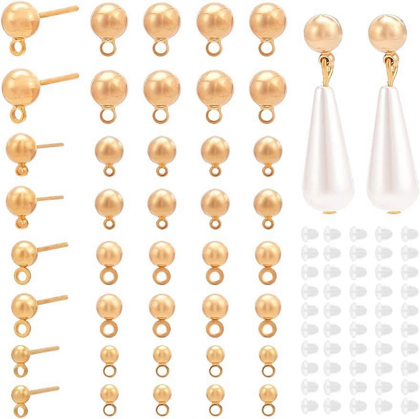 40Pcs 18K Real Gold Plated Ball Post Earring Studs 4 Size Brass Round Ball Stud Earring Posts with Horizontal Loops and 50Pcs Plastic Ear Nuts for Jew