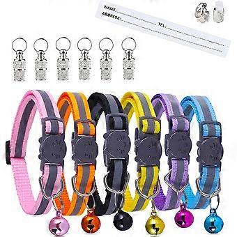 Adjustable Reflective Cats Collar, with Anti-Lost Bell Address Pendant and Safety Buckle, Cute Multicolor Pet Supplies (6 Collars 6 Tag Tubes)