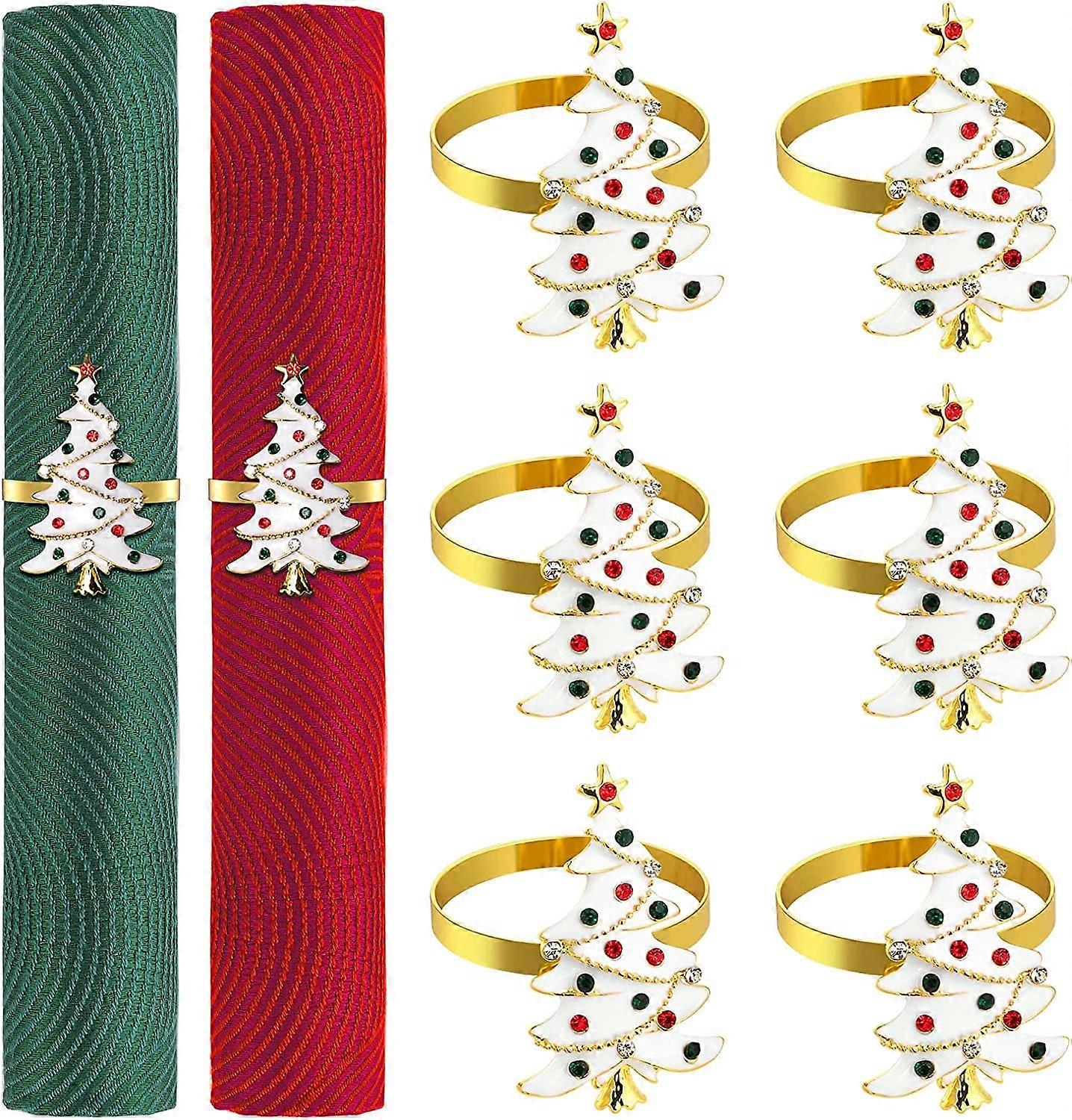 Set of 6 Zinc Alloy Napkin Holders, Christmas Tree Napkin Rings with Colorful Rhinestones, Napkin Rings for Christmas Wedding Birthday - White & Gold