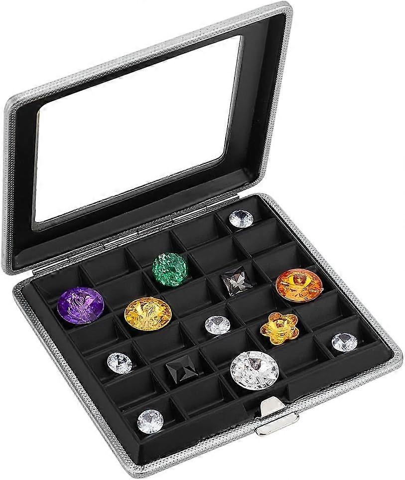 Gemstone Display Box PU Leather Loose Diamond Display Case Black Gem Storage Container Rectangle Jewelry Organizer with Transparent Window for Collect