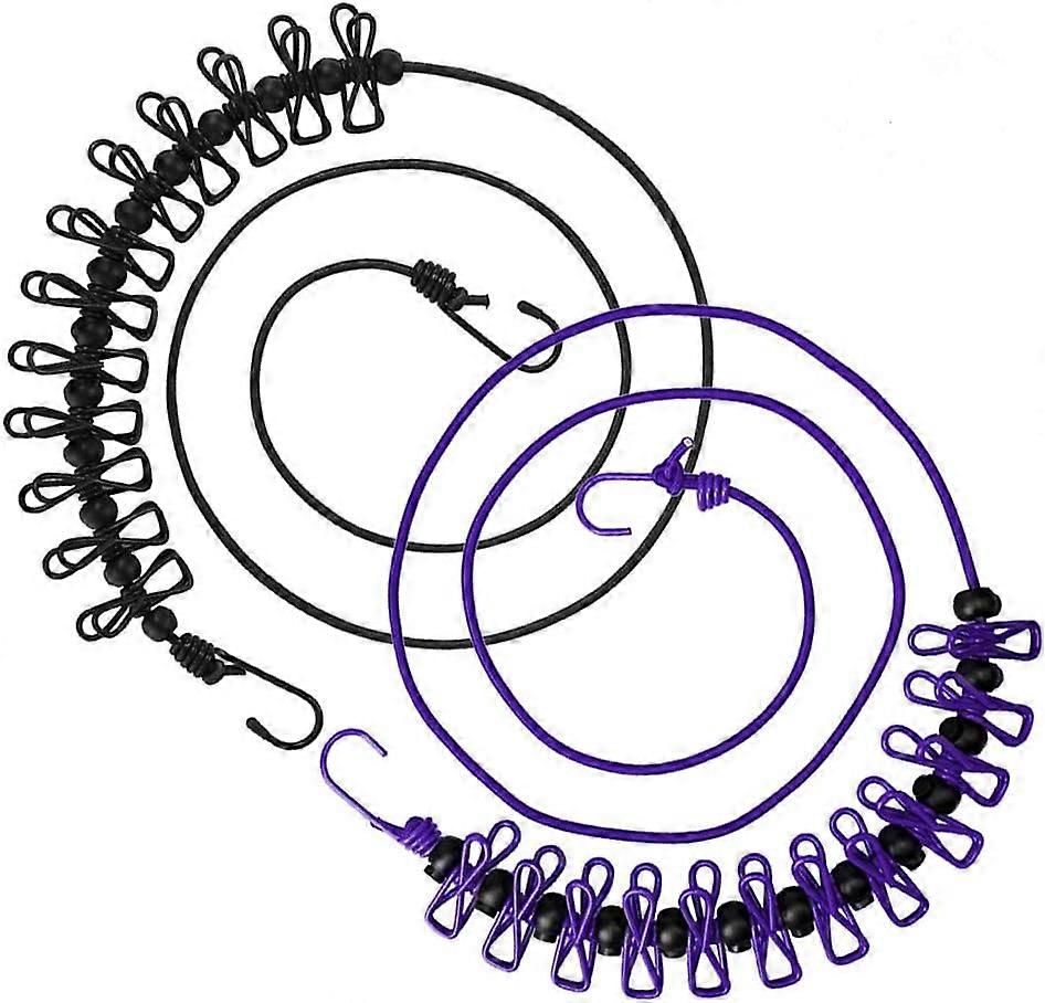 2pcs-Black+Purple-Flexible Clothesline, Portable Clothes Drying Rack with 12 Black Positioning Loops for Camping Hiking Beach Travel and Home Use Dryi