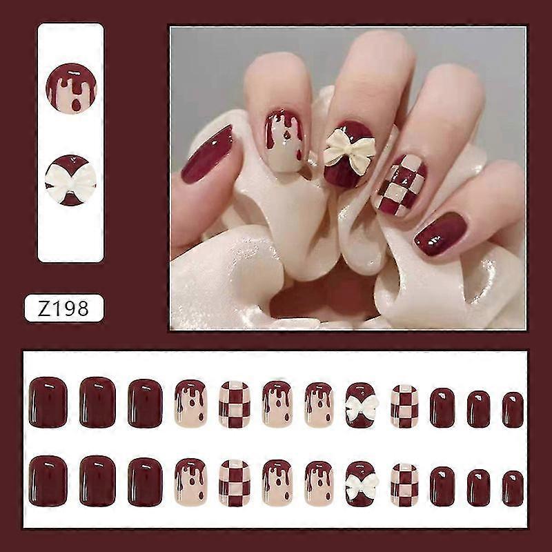 24pcs Short Red Press On Nails Cute Checkerboard & Bow Design Fake Nails Full Coverage