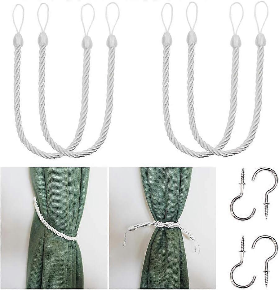 4 Pack Curtain Rope Tiebacks, Drapery Rope Holdbacks with 4 Metal Screw Hooks (White)