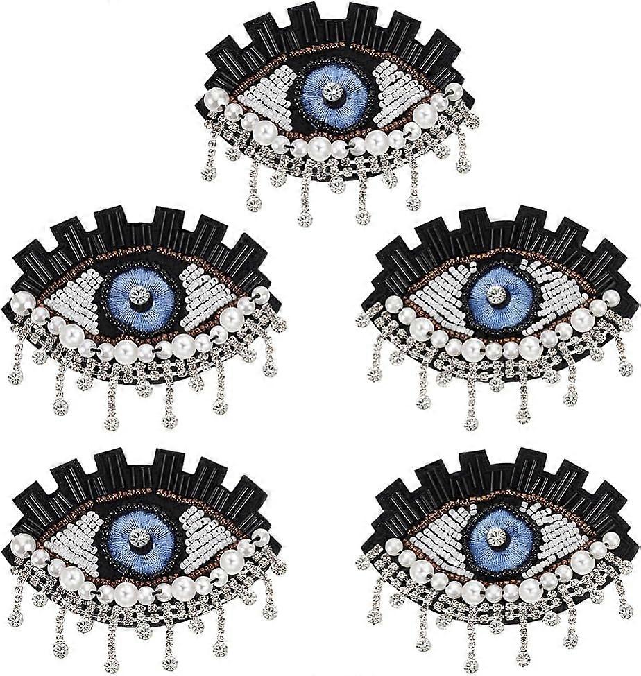 5 Pcs Evil Eye Tassel Rhinestone Applique 3.2x2" Devil Eye Sew-on Patchess Evil Eye Embroidered Beaded Patches Tassel Eye Applique with Pearl Tubule R