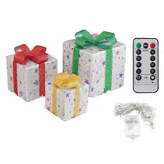 3Pcs/Set Christmas Lighted Gift Boxes Decorations LED String Light Gift Box with Remote Control Ribbon