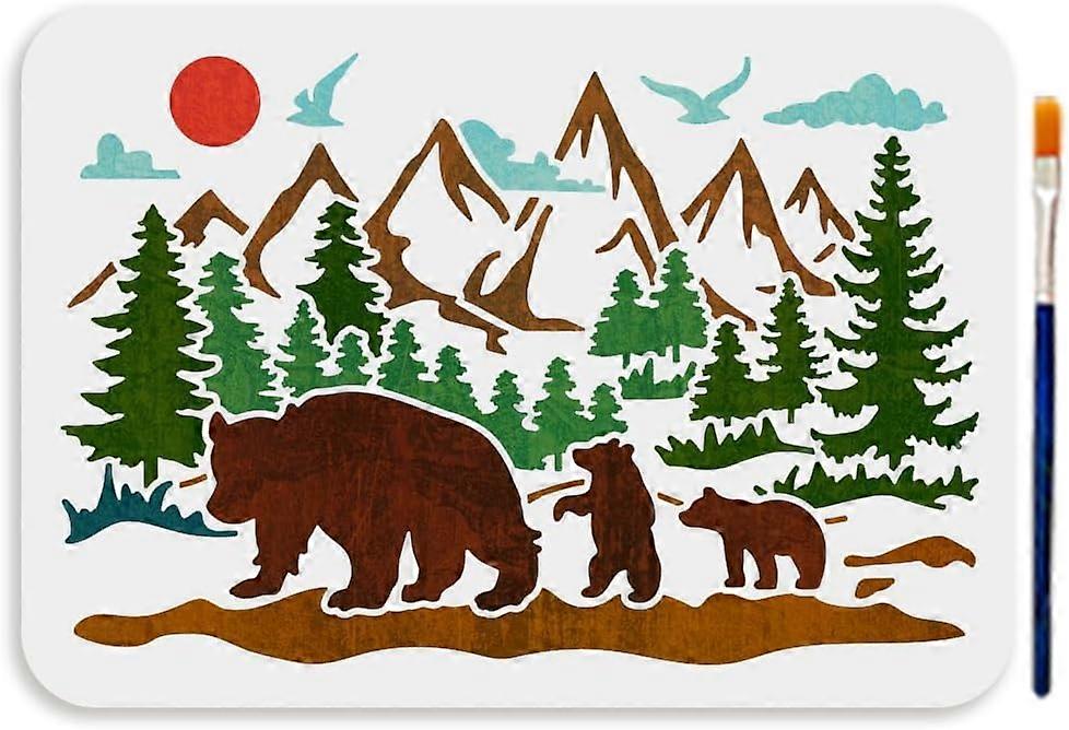 A4 Size Forest Bear Mountain Stencil Bear Family Template with Paint Brush 11.7x8.3inch Reusable Sun Bird Tree Animal Stencil Nature Landscape Stencil