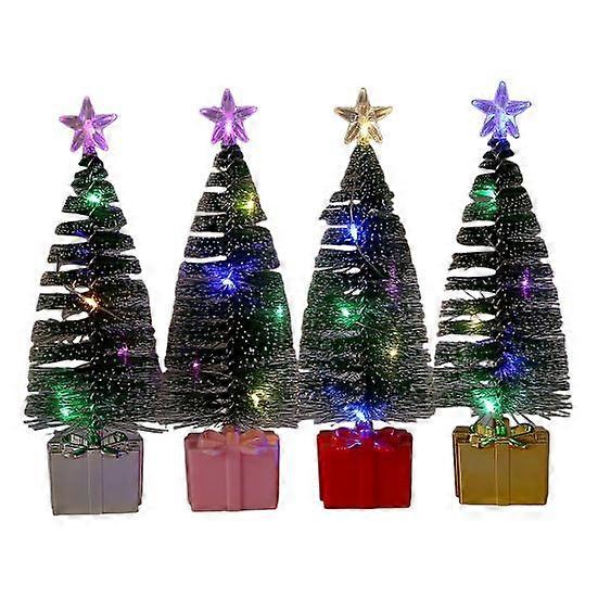 4 stuks kleine kerstboomversieringen met led-lampjes op batterijen, realistisch mini