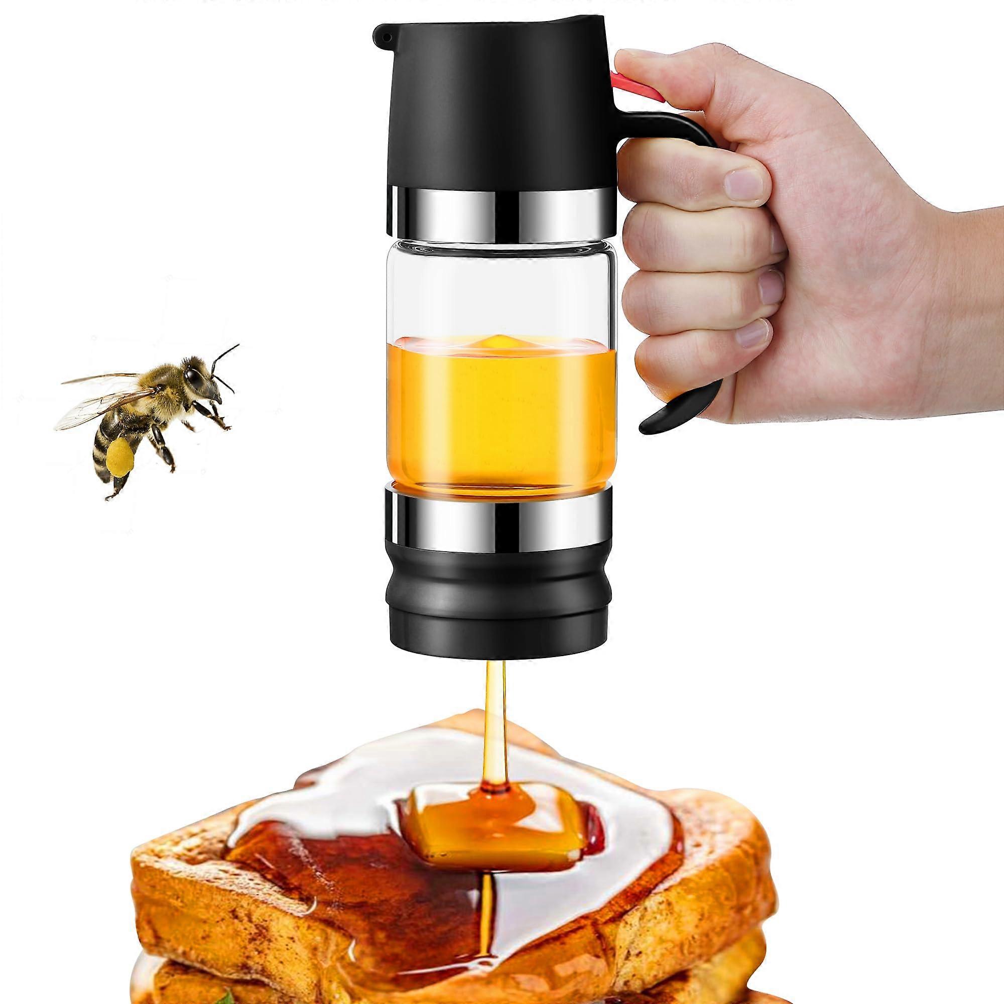 Barattolo dispenser di miele, contagocce per miele in vetro antigoccia a pressione con manico, barattolo dispenser di sciroppo trasparente con base in silicone e parte superiore in acciaio inossidabile