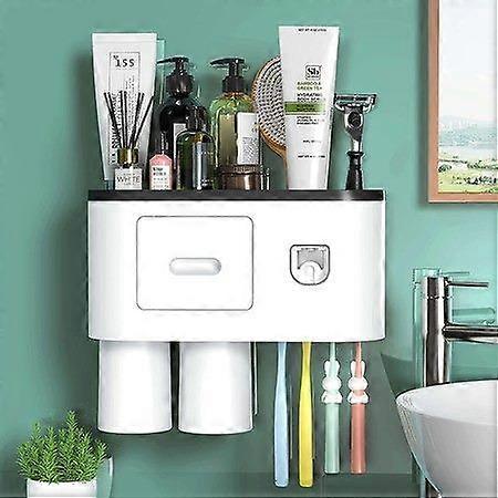 Smart Wall-Mounted Automatic Toothpaste Dispenser & Magnetic Toothbrush Holder with Organizer Tray