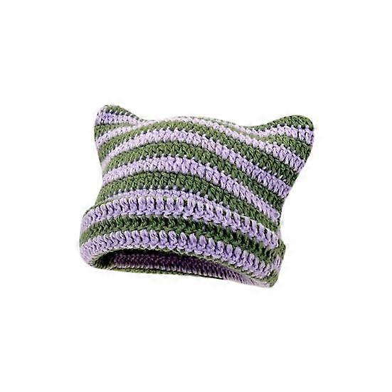 Women Knitted Hat Kitty Ears Striped Contrast Color High Elasticity Anti-slip Soft Thick Warm Windproof Unisex No Brim Winter Beanie Cap