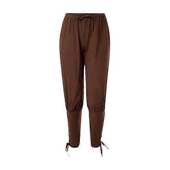 Men Pants Medieval Pirate Ankle-banded Lace-up Strap Elastic Waist Pleated Loose Solid Color Cropped Trousers Cosplay Performance Costume