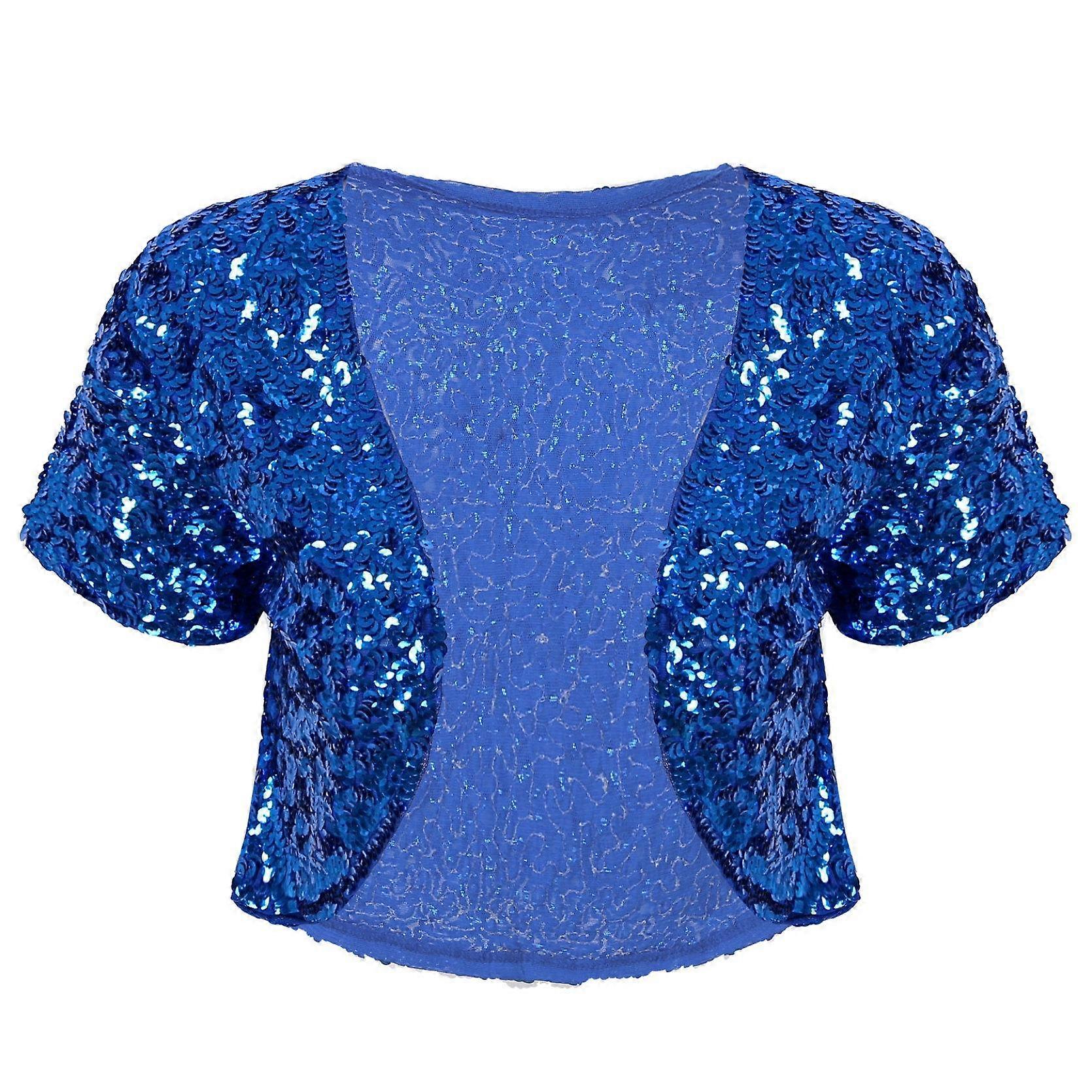 Womens Sparkly Sequin Open Front Blazer Coat Short Sleeve Crop Jacket