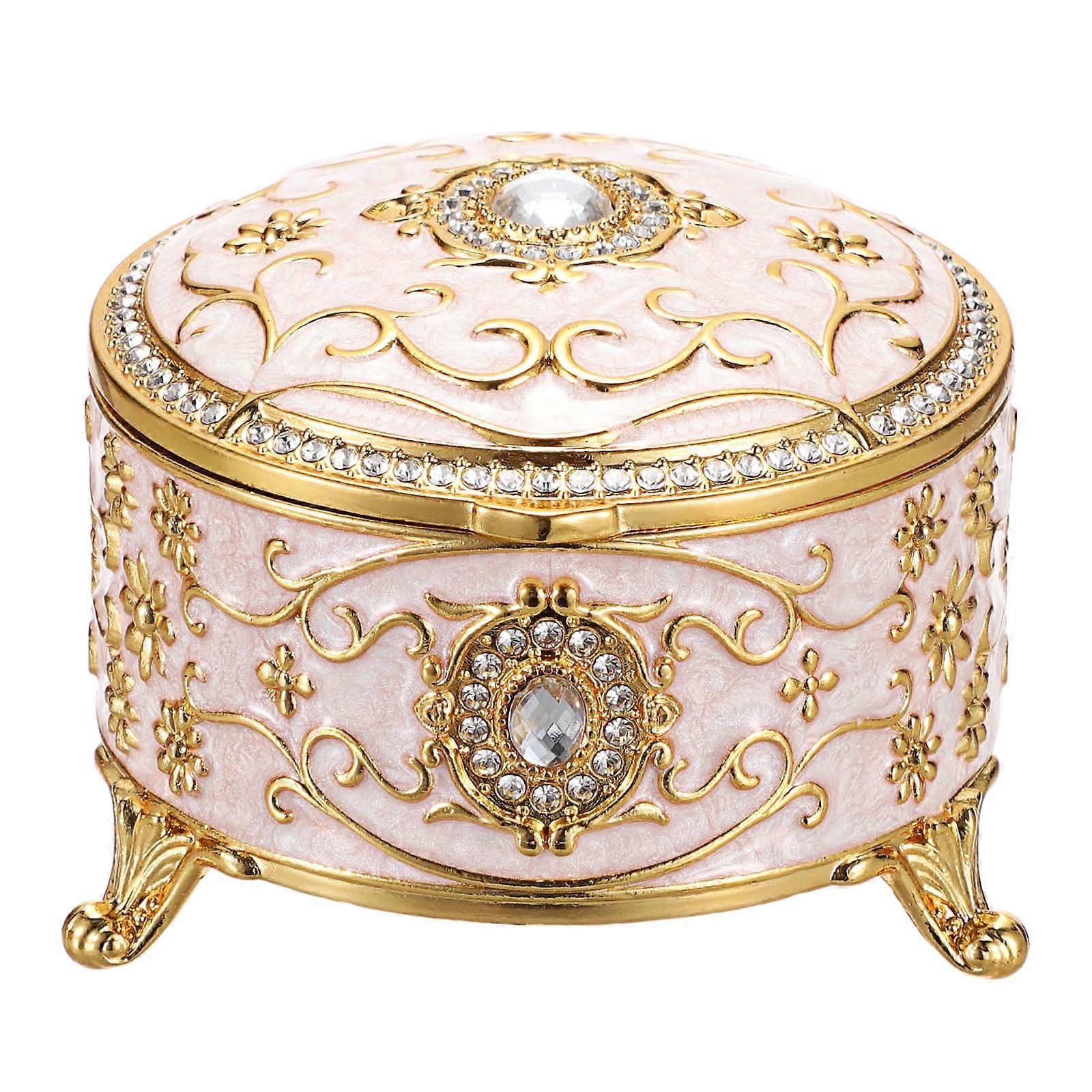 メタルジュエリーボックススモールトレジャリーボックスビンテージラウンドトリプルエディターリングホルダーエナメル