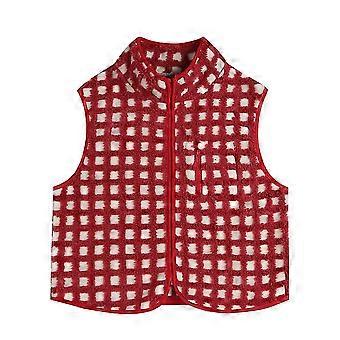Women's Checkered Polar Fleece Vest Sleeveless Cardigan High Collared Zip Up