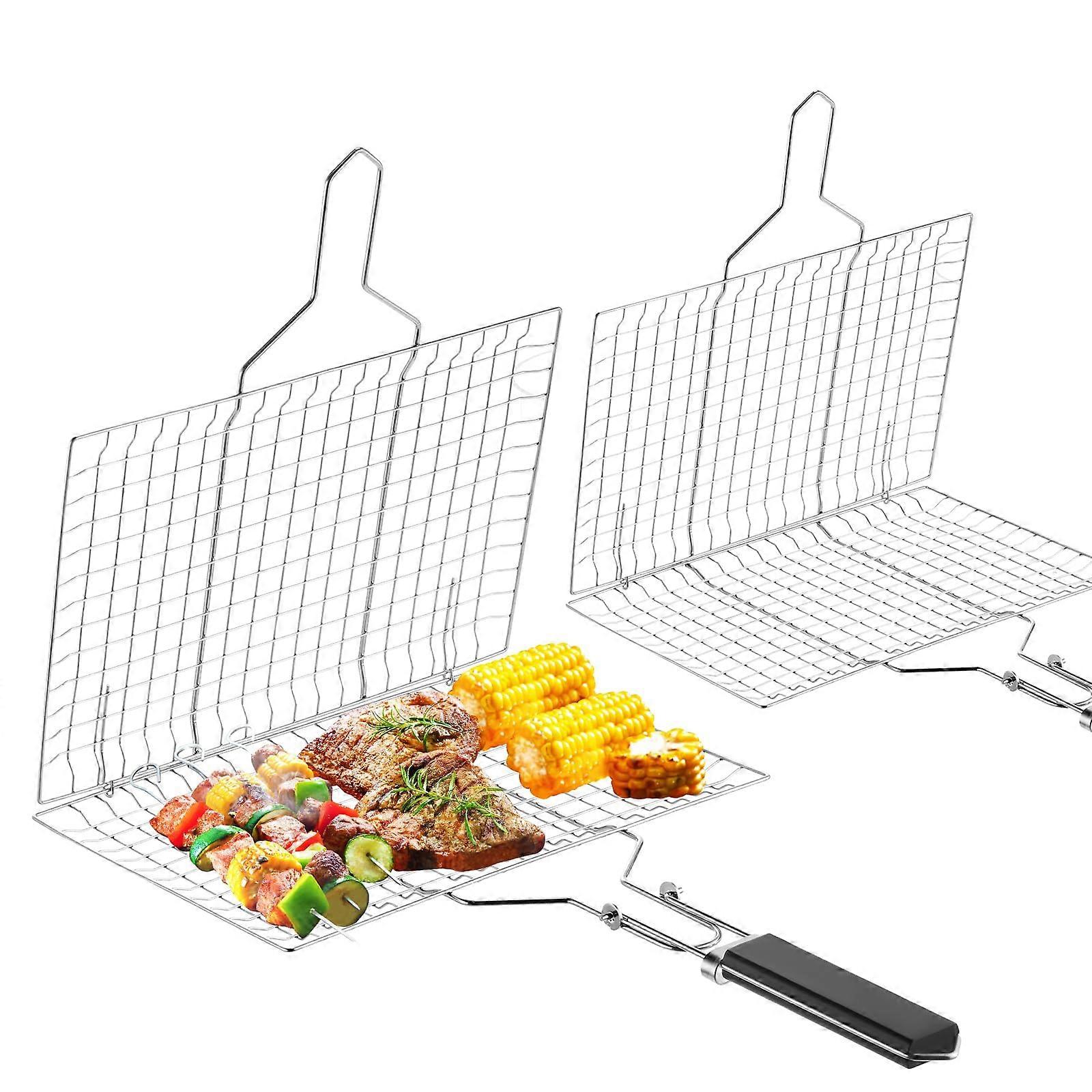 Grill Basket 2 Pcs With Removable Handle, Folding Portable Stainless Steel Fish And Vegetable Grilling Rack For Camping