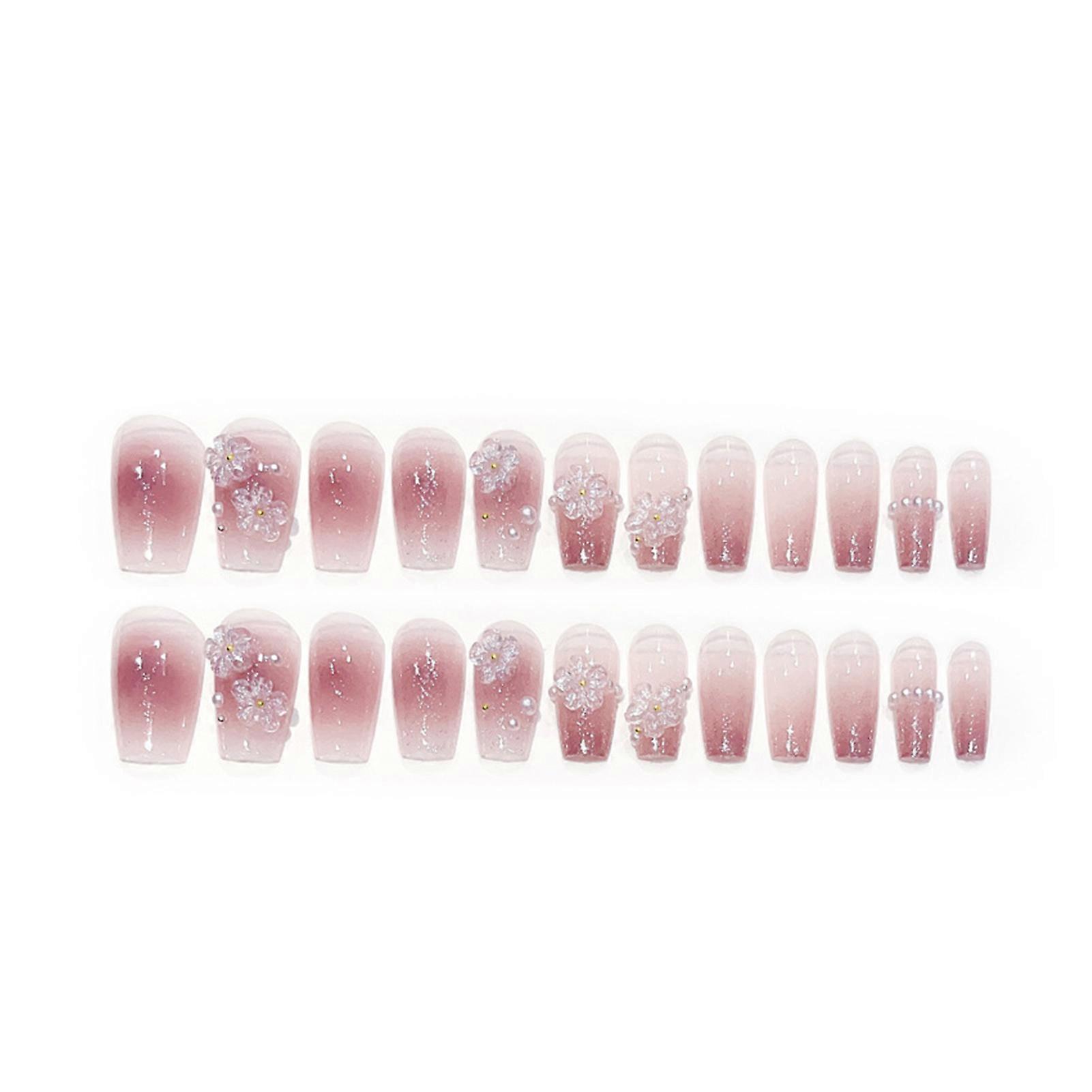 Glossy False Nails with Flower Pearl Design Lightweight and Easy to Stick Fake